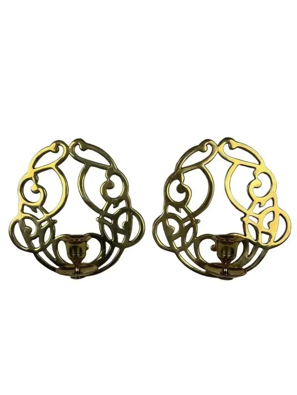Vintage Pair of Art Nouveau Style Solid Brass Pierced Wall Sconces CandleHolders